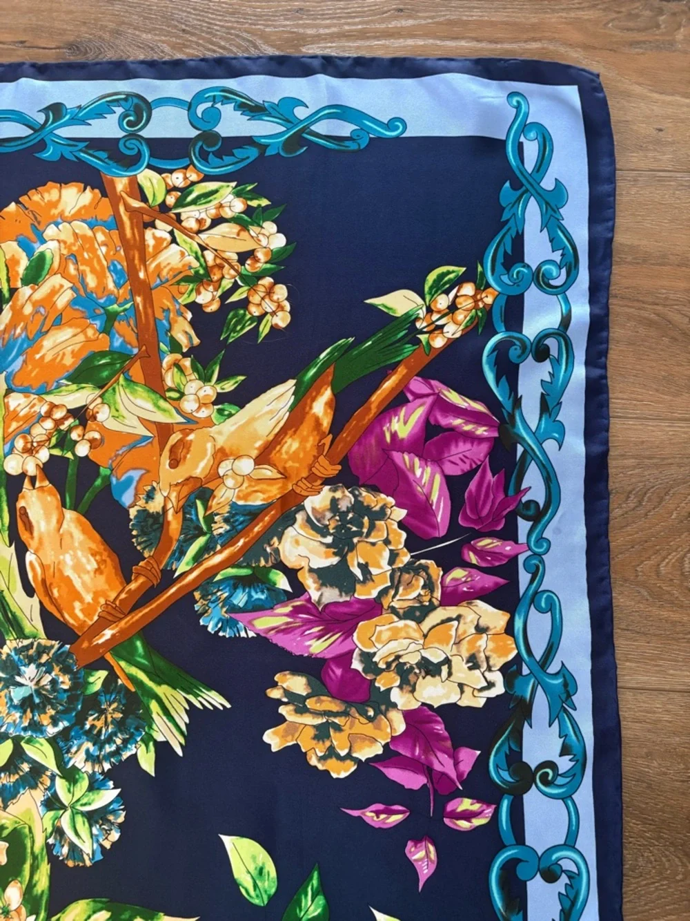 Floral Garden Silk-Feel Square Scarf in Navy & Orange